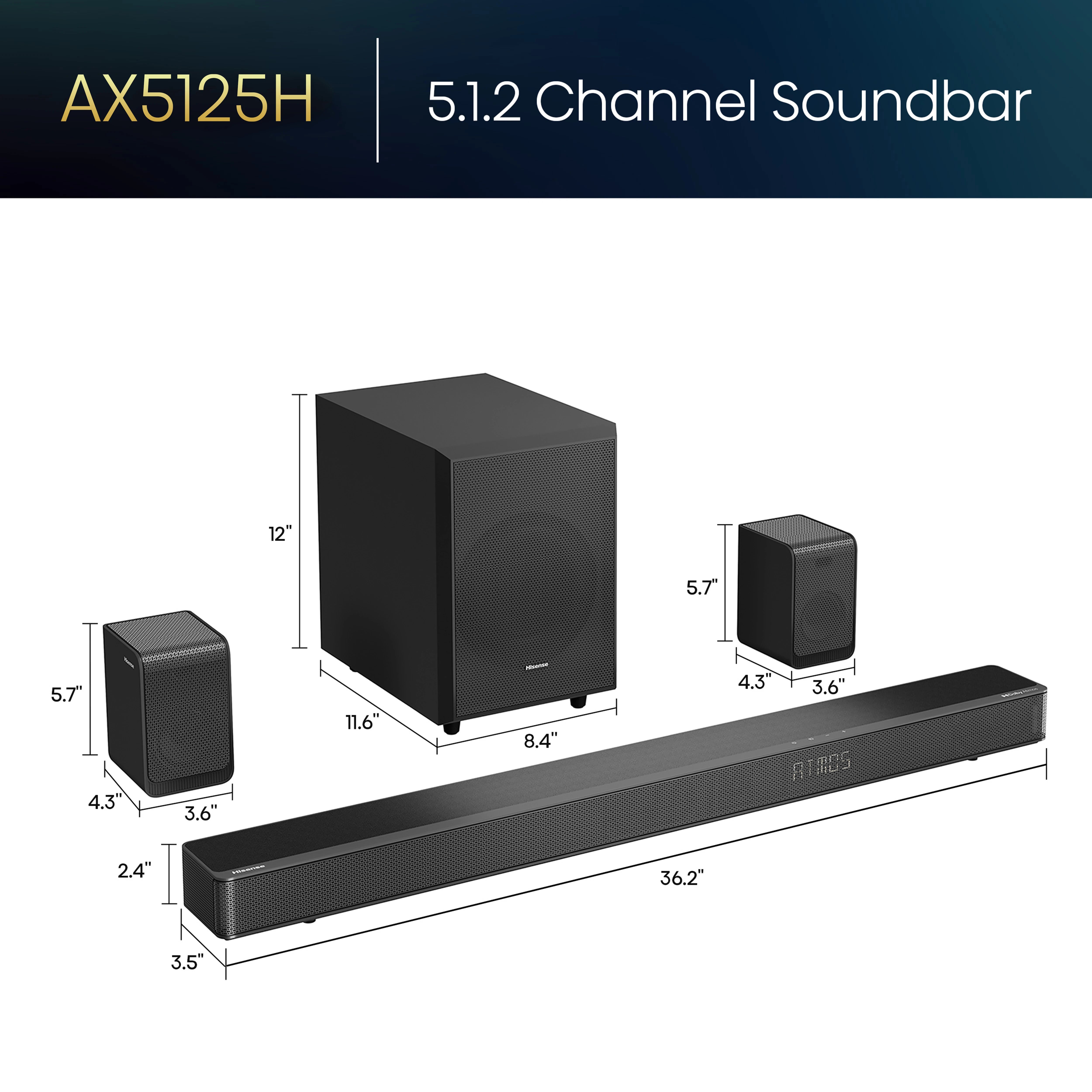 Hisense AX5125H 5.1.2 Dolby ATMOS Soundbar with Wireless Rear Speakers & Wireless Subwoofer