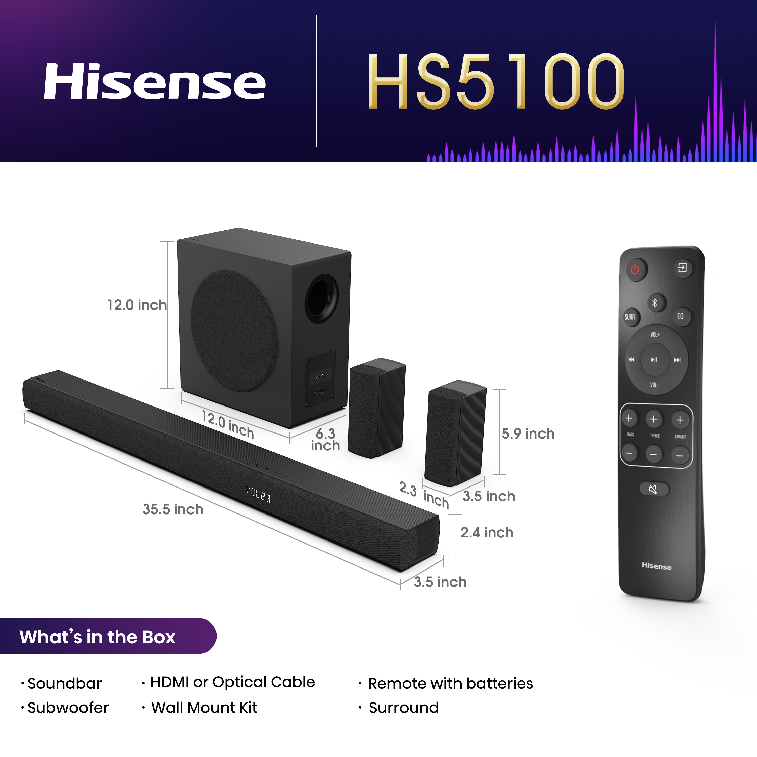Hisense HS5100 5.1Ch, Dolby Digital Plus / DTS: X, Sound Bar with Wireless Subwoofer w/ Surround Speaker