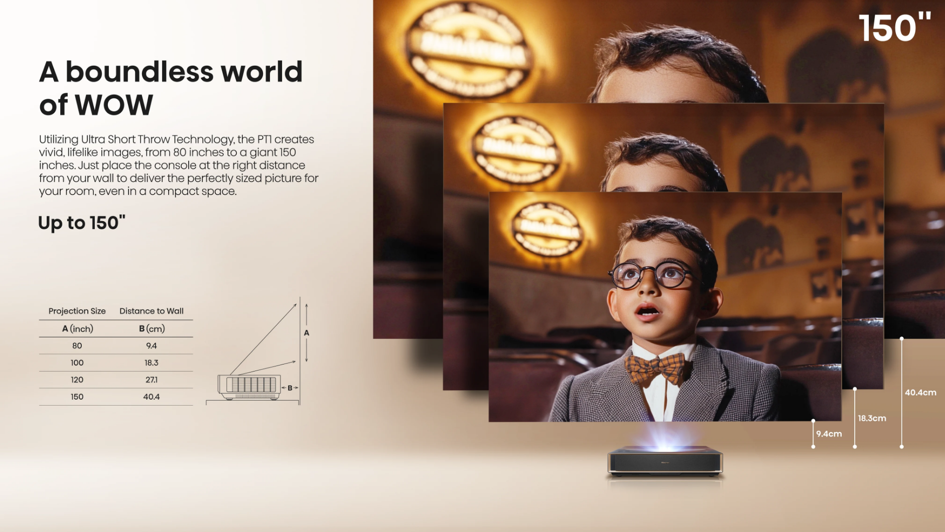 PT1, 4K UHD Triple Laser Ultra Short Throw UST Smart Projector (up to 150")