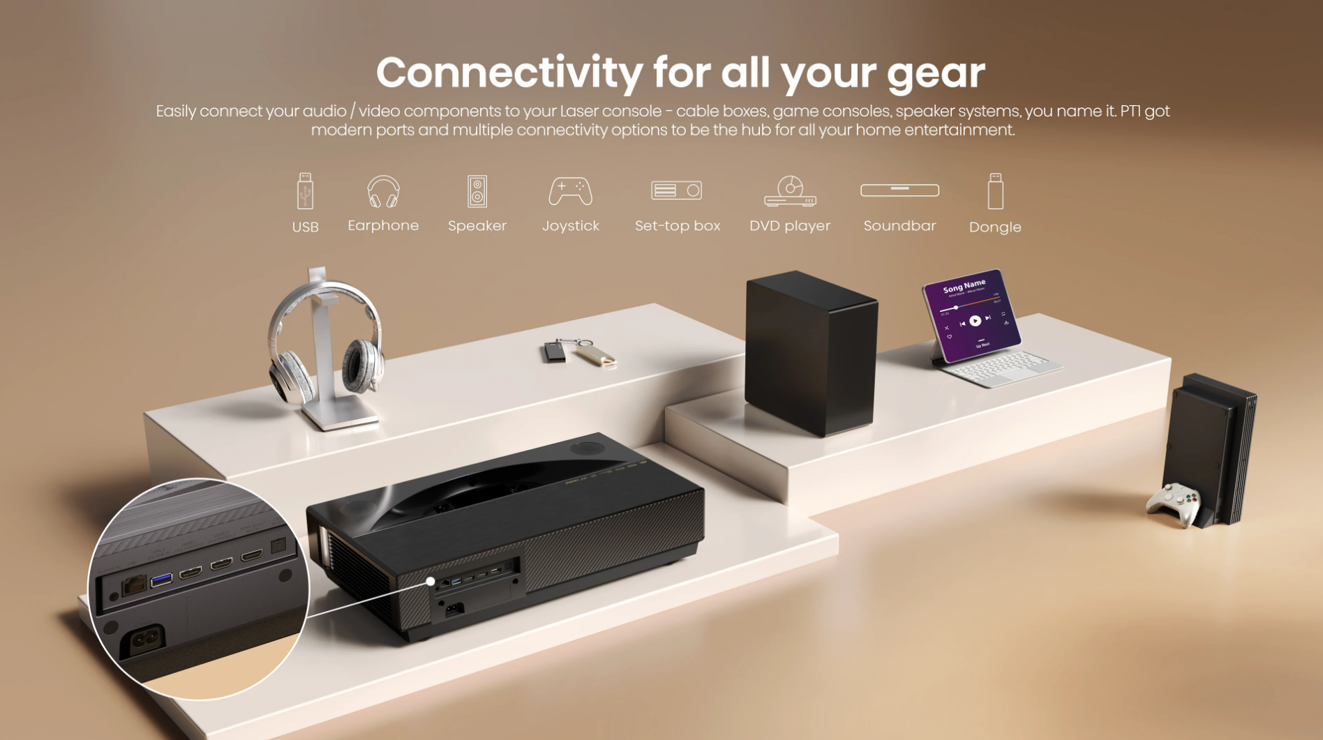 PT1, 4K UHD Triple Laser Ultra Short Throw UST Smart Projector (up to 150")