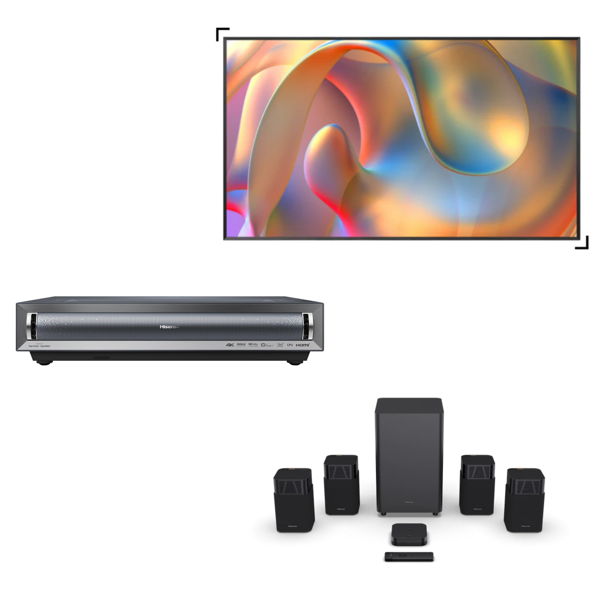 Hisense PX3-PRO 3-Piece Bundle, 4K UHD Triple Laser Home Theater UST Projector including ALR Screen & HT Saturn Sound Bar