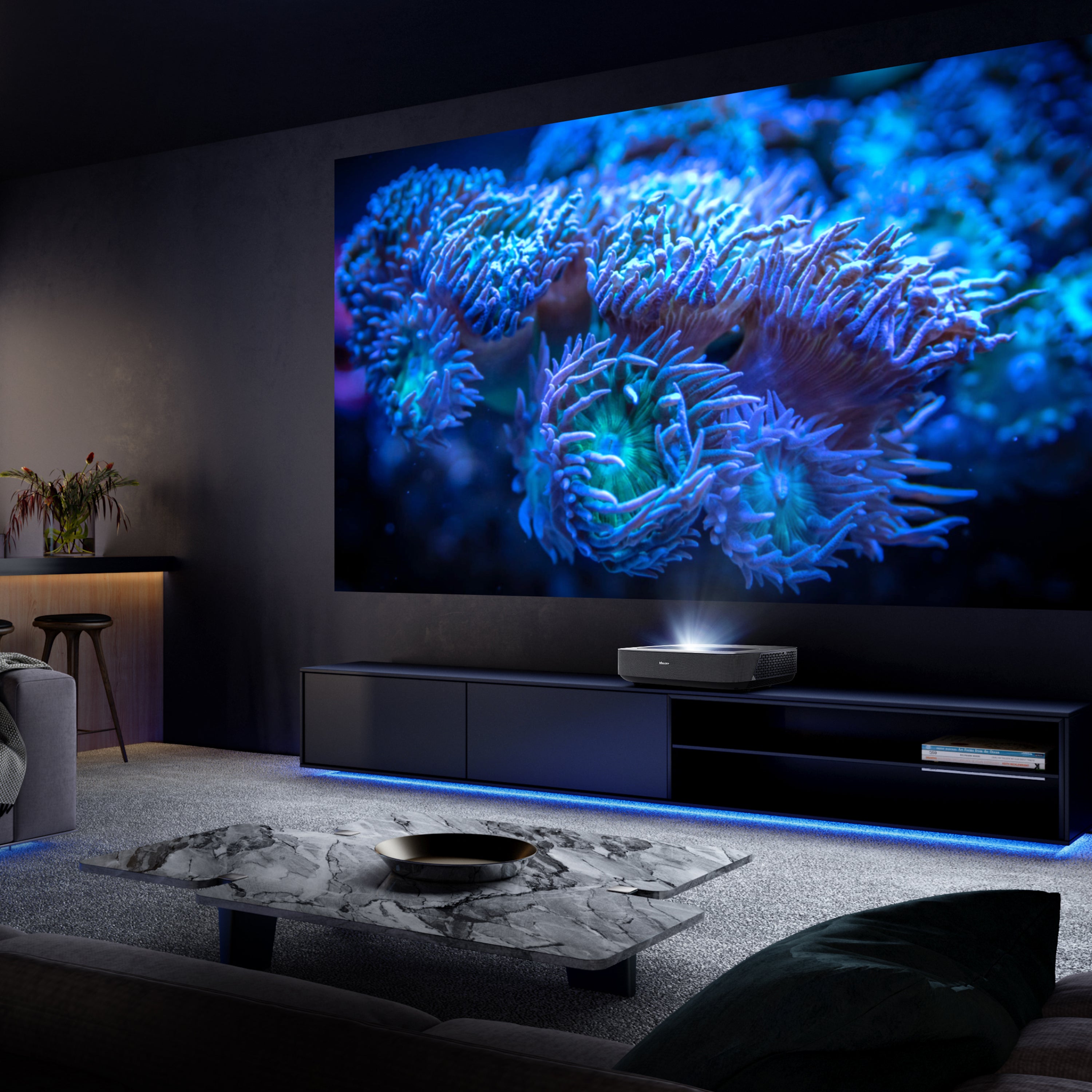 Hisense PL1 UST Laser Cinema projector projecting up to 120"