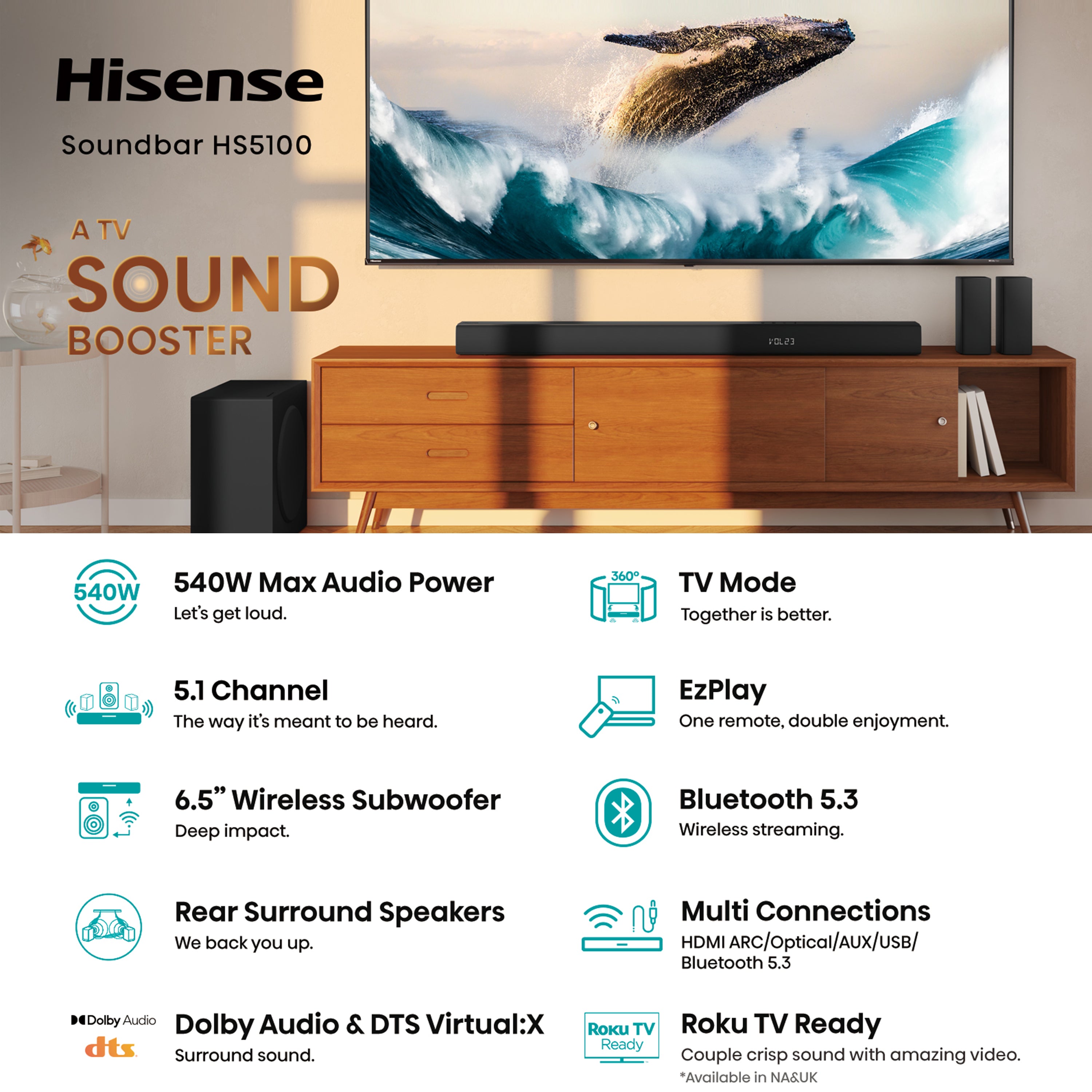 Hisense HS5100 5.1Ch Sound Bar with Wireless Subwoofer, 540W, Dolby Digital Plus, Bluetooth 5.3, EzPlay, Roku TV Ready, DTS: X, HDMI/AUX/ARC/Optical/USB