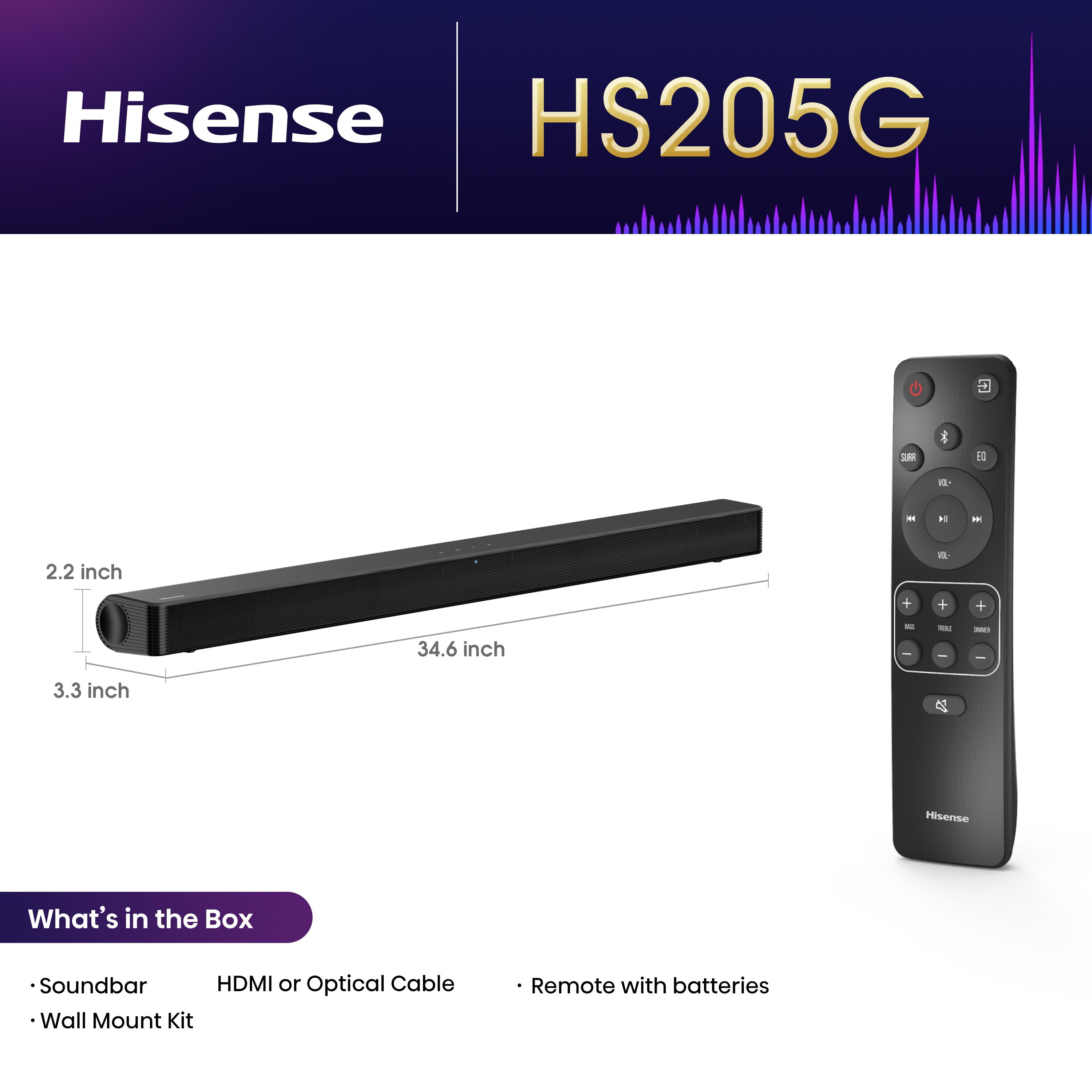 Hisense HS205G 2.0Ch Sound Bar, 120W, DTS Virtual: X, Dolby Audio, HDMI/ARC/Optical/USB, Bluetooth, Roku TV Ready, Black