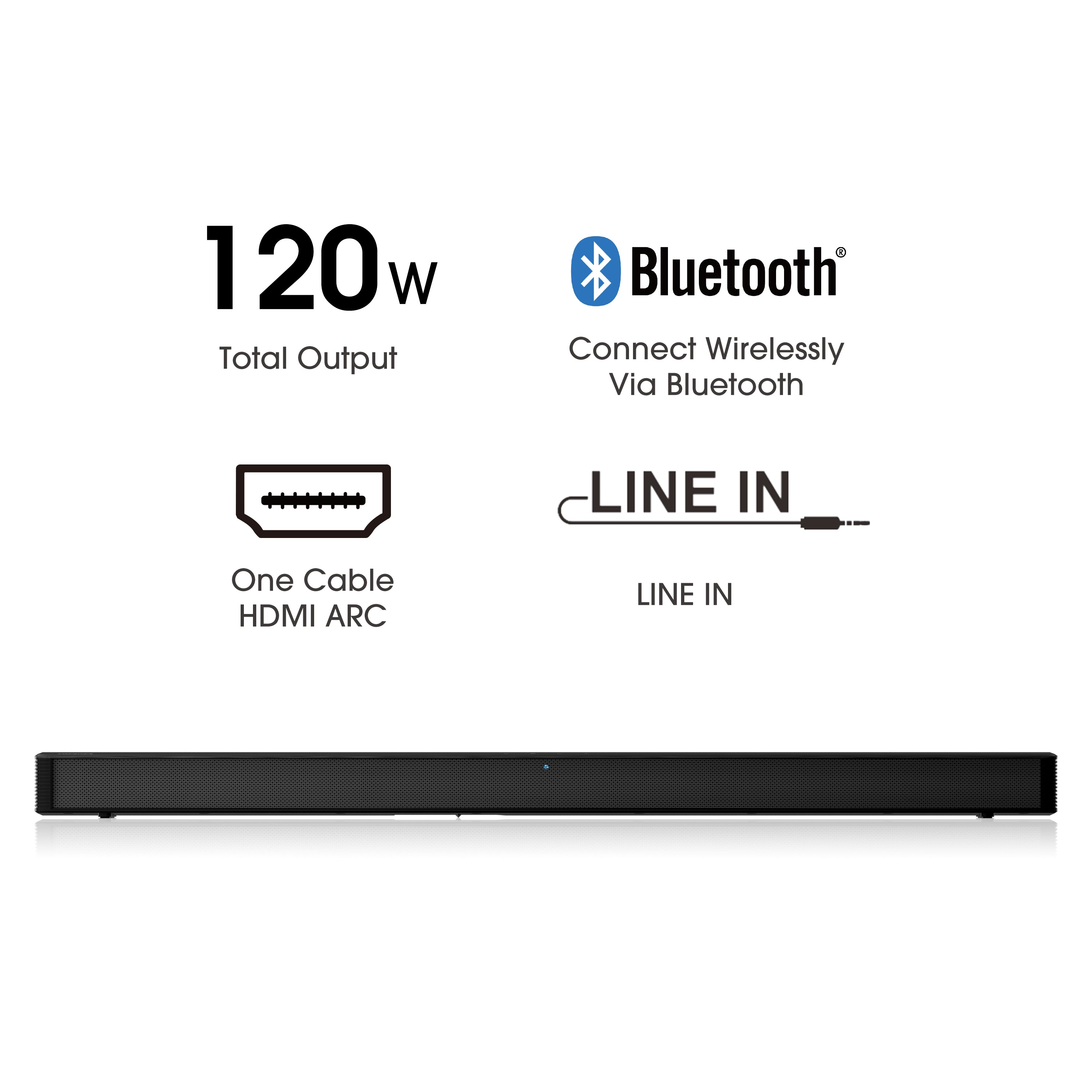 Hisense HS205G 2.0Ch Sound Bar, 120W, DTS Virtual: X, Dolby Audio, HDMI/ARC/Optical/USB, Bluetooth, Roku TV Ready, Black