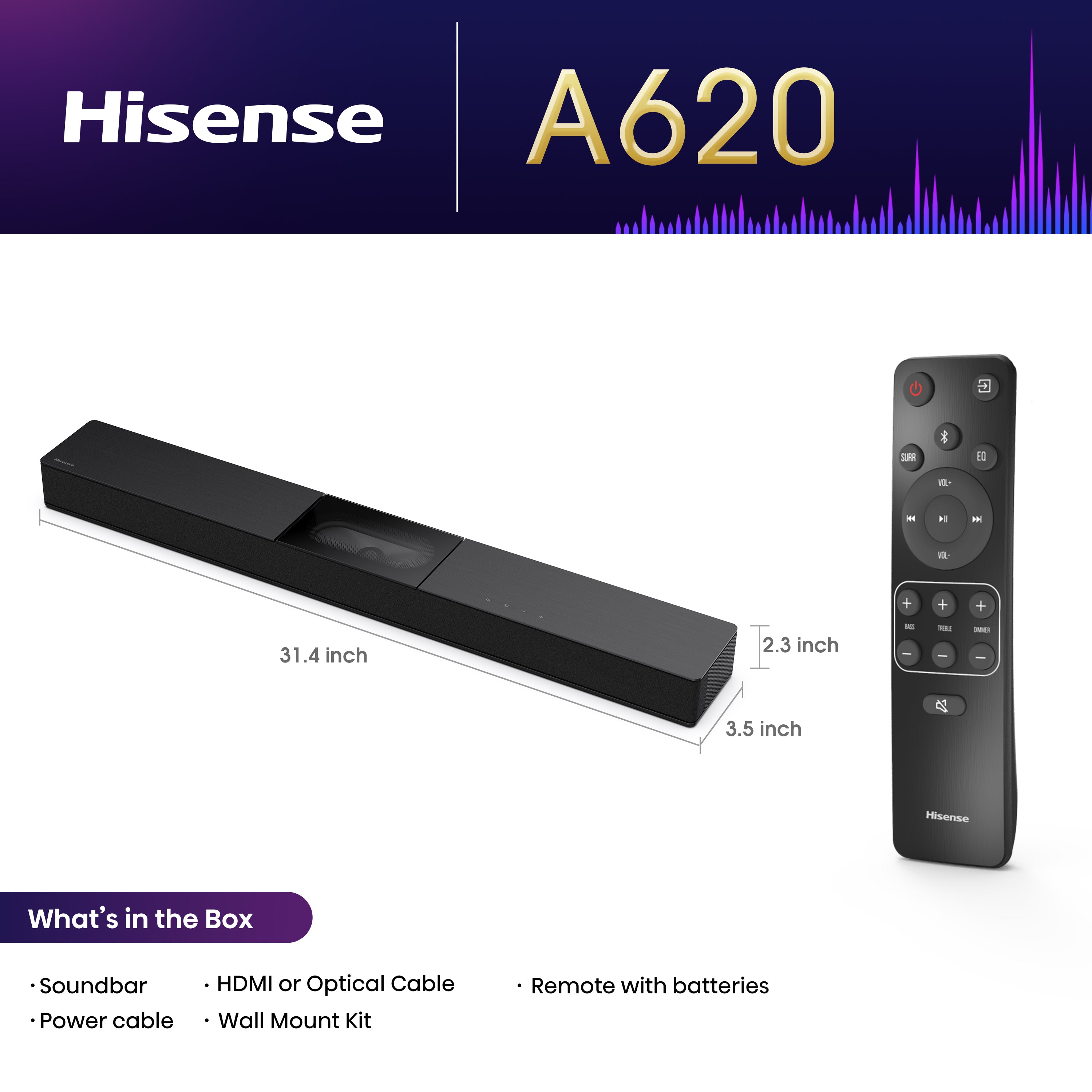 Hisense A620 2.1ch All-in-one Sound Bar with Built-in Subwoofer, 240W, DTS Virtual: X, Dolby Dightal Plus, Bluetooth 5.3, Roku TV Ready, HDMI ARC/AUX/USB, Ez Play, Black