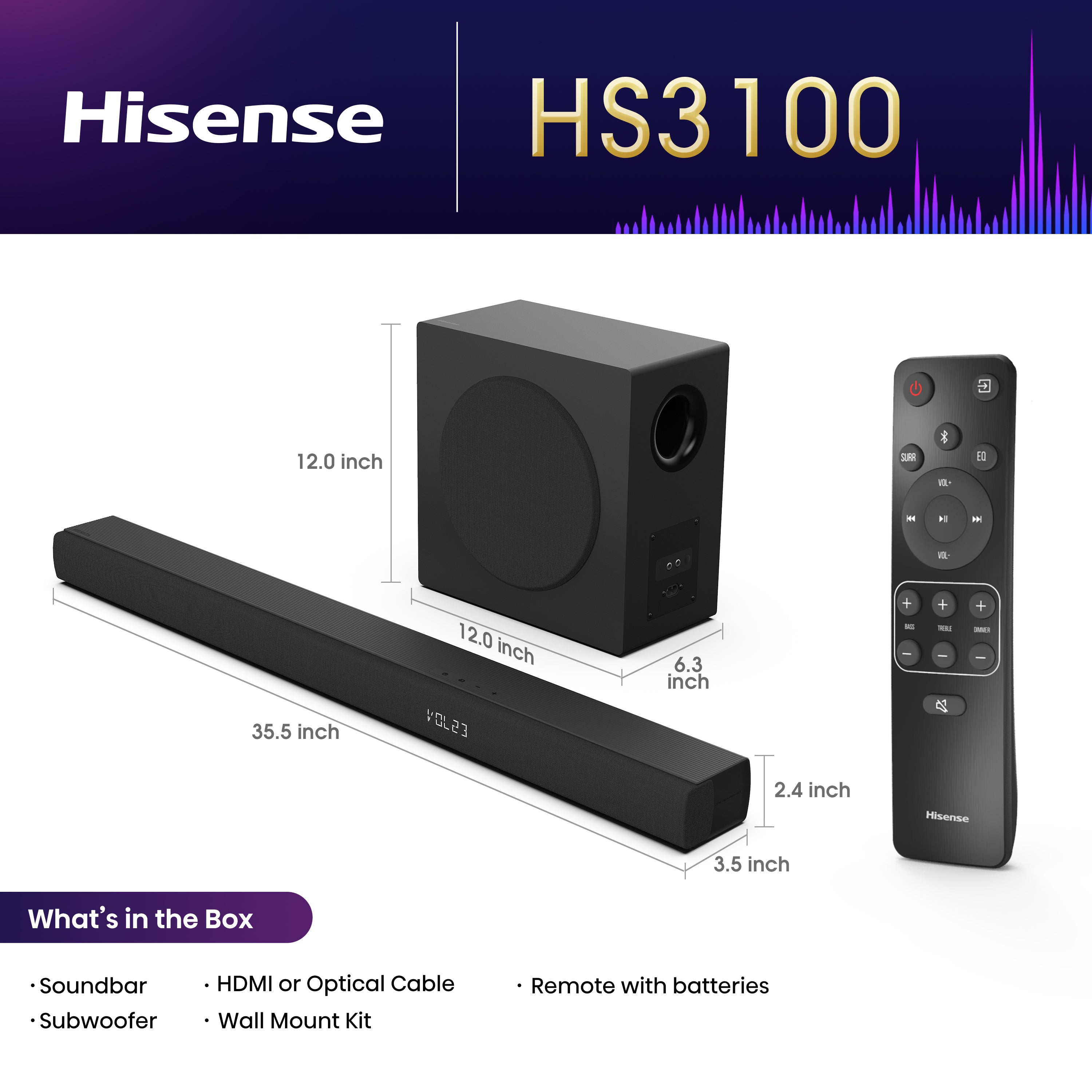 Hisense HS3100 3.1Ch Sound Bar with Wireless Subwoofer, 480W, DTS Vritual: X, Dolby Digital Plus, Bluetooth 5.3, EzPlay, Roku TV Ready, HDMI/AUX/ARC/Optical/USB, Energy Star