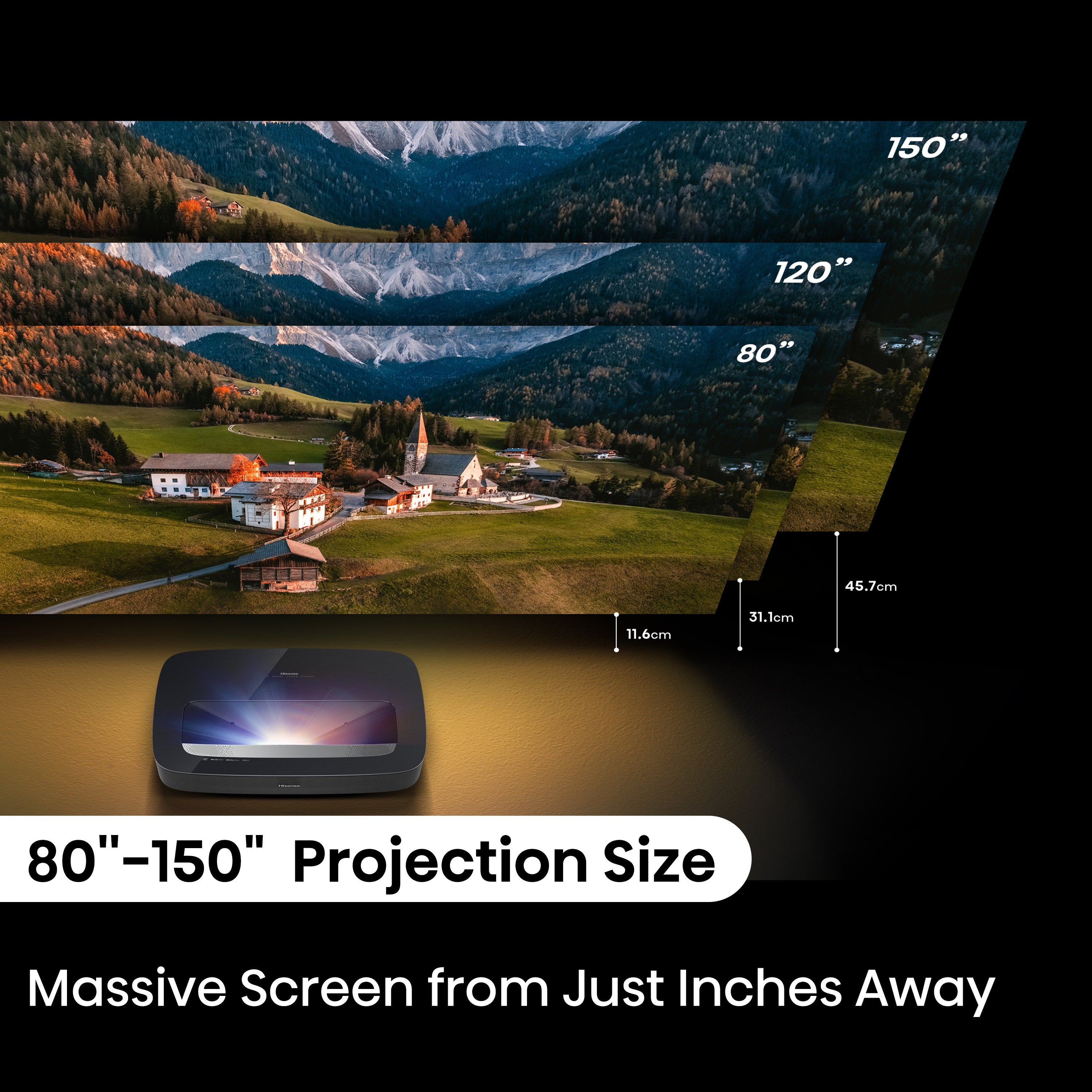 Hisense PL2 UST Laser Cinema projector projecting up to 150"