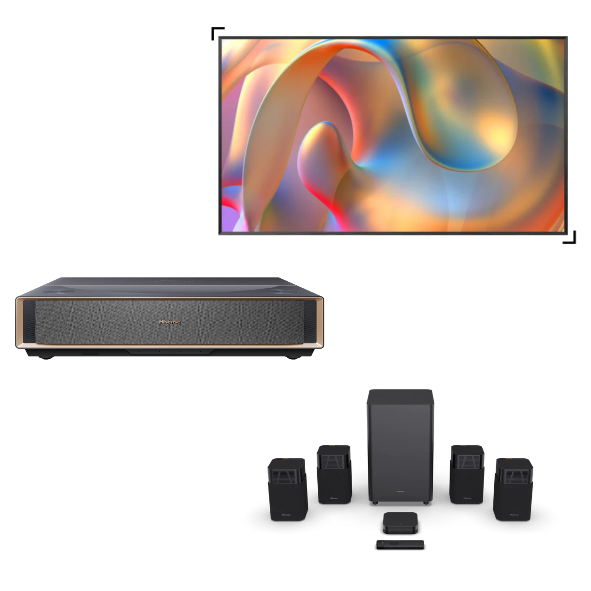 Hisense PT1 3-Piece Bundle, 4K UHD Triple Laser Ultra Short Throw UST Smart Projector including ALR Screen & HT Saturn Sound Bar